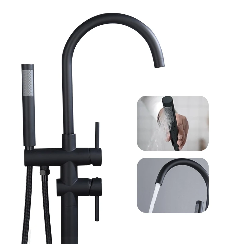 

Freestanding Bathtub Faucet Floor Mount Tub Filler Black High Flow Shower Faucets With Handheld Shower Mixer Taps Swivel Spout