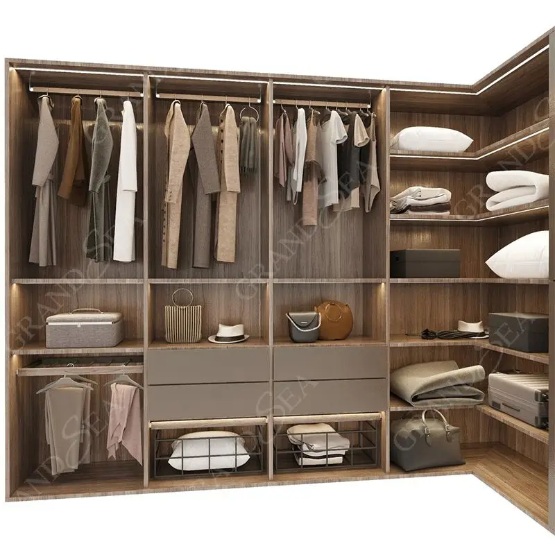 تصميم حديث على شكل حرف L لأثاث غرفة النوم وغرفة الملابس، خزانة ملابس خشبية مفتوحة، منظم ملابس