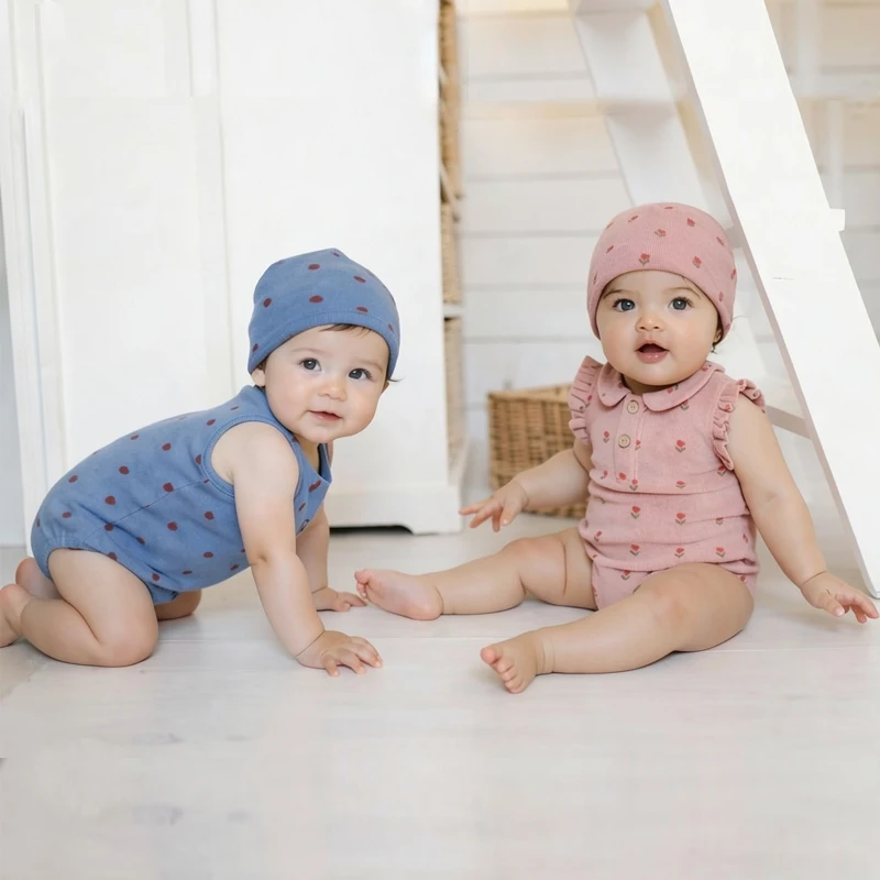 Ali layette SS26 flower printed towel collection cotton fabric rompers two-piece Family matching outfits