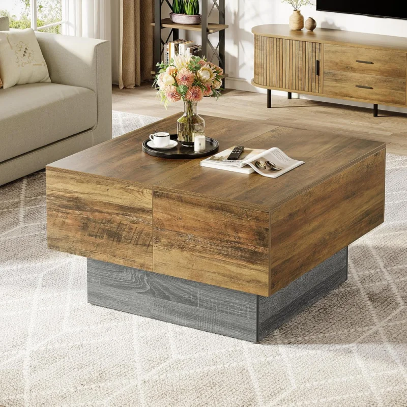 Extendable Farmhouse Coffee Table, Living Room Center Table with Storage, Expandable Wooden Coffee Table for Small Spaces,