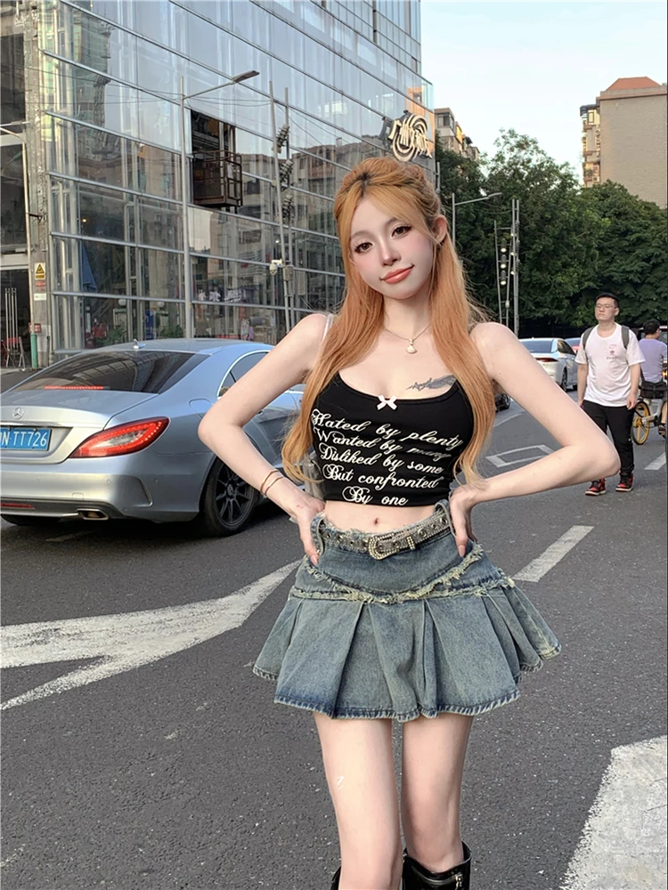 American Pleated Raw Edge Design Denim Skirt Female Ins Summer New Spice Girl High Waist Slim Word Denim Skirt