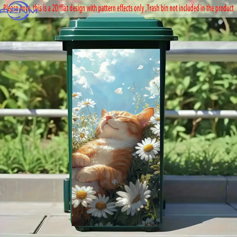 1pc of 2D/FLAT, Self-Adhesive Trash Can Decals, Measuring  by  cm, Featuring a Serene Ginger Cat in a Daisy Field Beneath a Sk