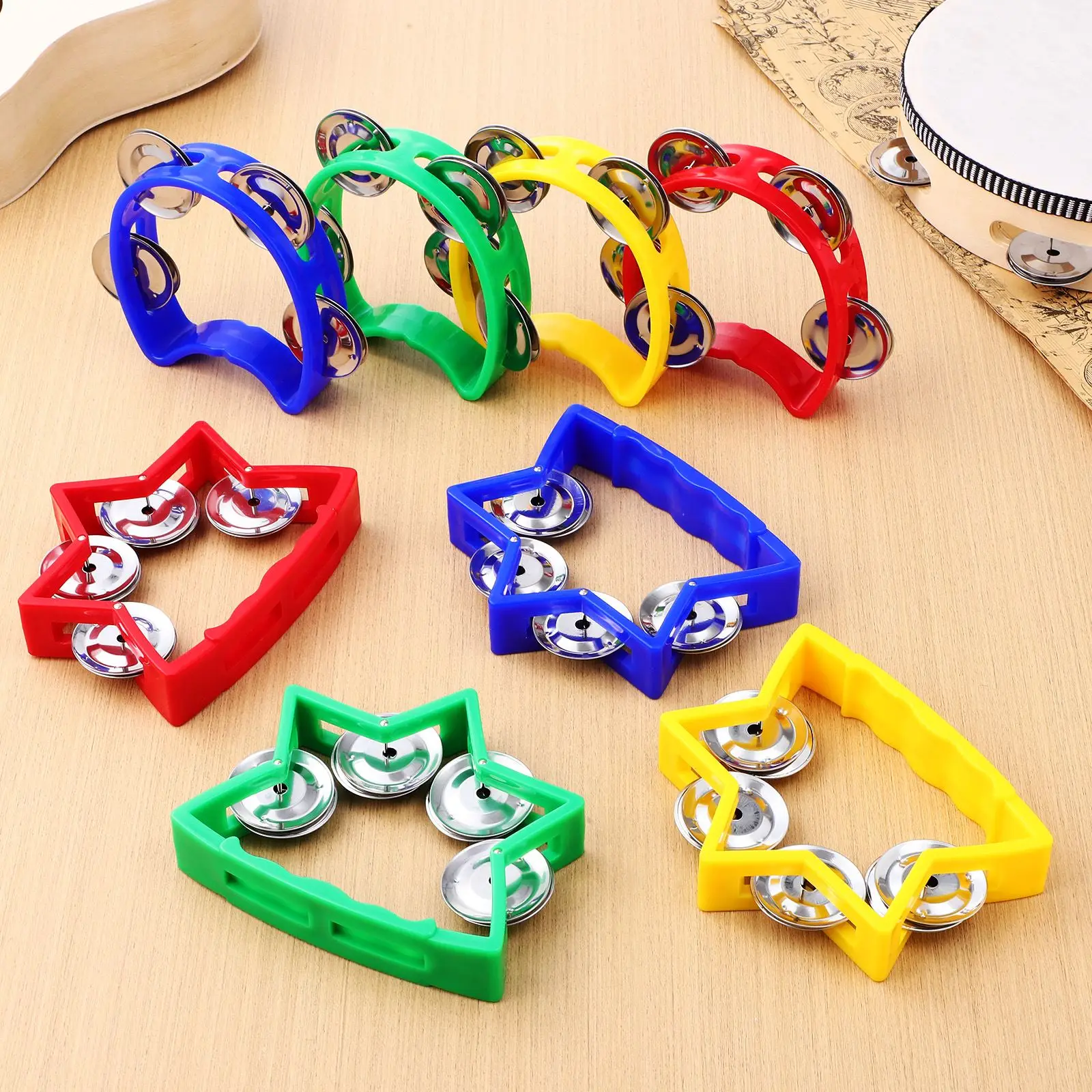 16pcs New Hand-Held Tambourine Metal Bells Plastic Rattle Ball Percussion KTV Party Kids Game Toy Musical Percussion Instrument