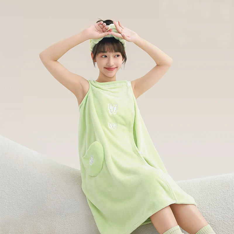 Cartoon-print Thickened Sleep Towel Quick-drying Wearable & Wrapable  Cute Home-use Bathrobe-style Dress with Belt Designed