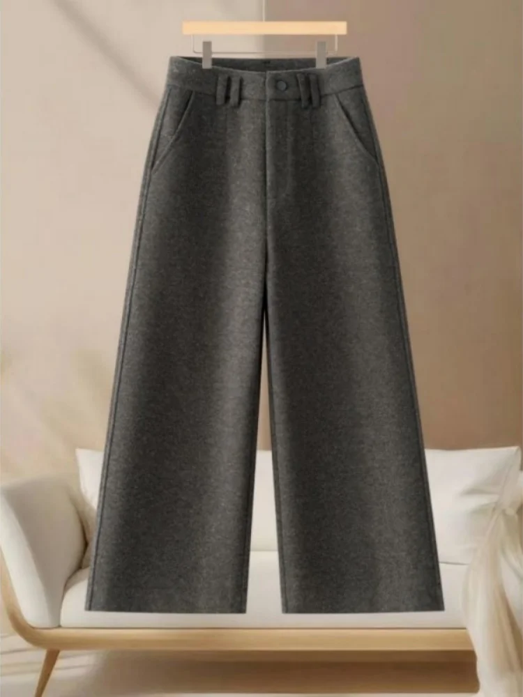 High Waist Draped Straight Leg Pants Women's Premium Black Grey Casual Trousers Commute Style Pure Color Korean Version