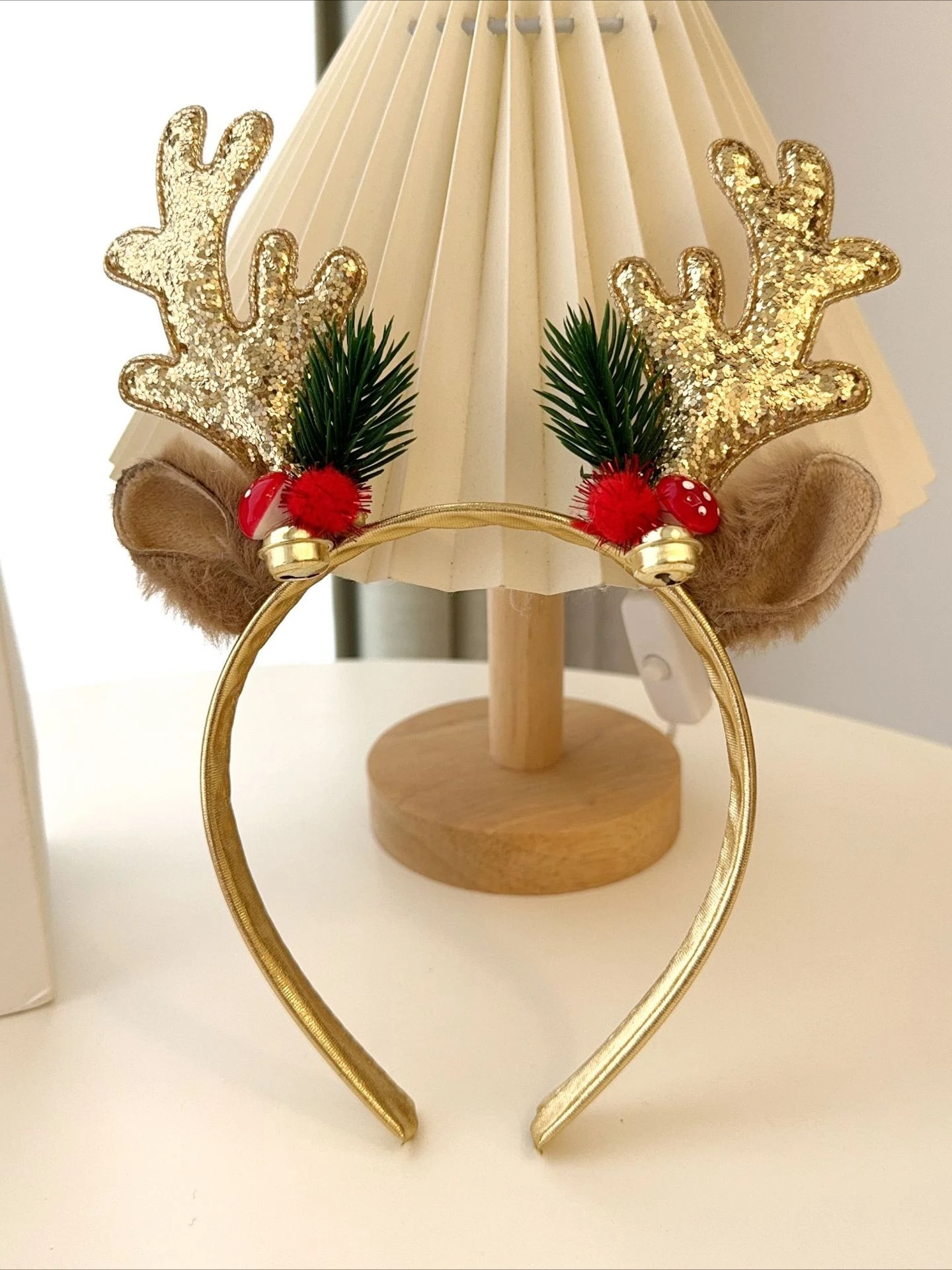1pc Gold Sequin Mushroom Christmas Headband Big Deer Horn Bell Sequin Festive Headwear For Women Forest Style Hair Accessories