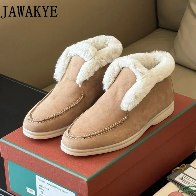 Luxury Natural Wool Fur Loafers Winter Real Suede Leather High Top Moccssins Unisex Men & Women\'s Lazy Mules Flat Shoes Winter