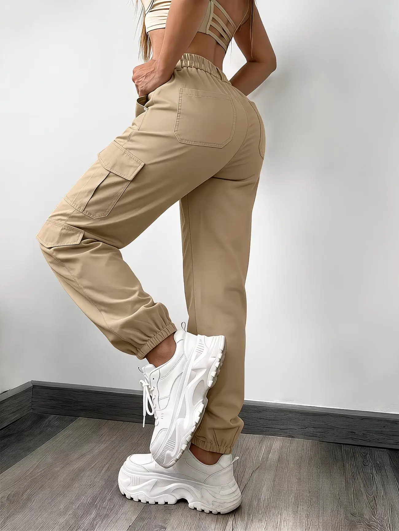 Women Multi Pocket Solid Jogger Cargo Pants Casual for Commute Home Office