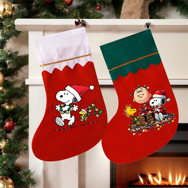 1 шт., рождественский чулок в виде снупи, милый мультяшный зеленый, белый подарок, сумка для хранения конфет, модная рождественская елка с принтом аниме, украшение для дома