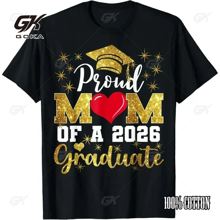 【New Arrival】Proud Mom of A 2026 Graduate Graphic T-Shirt Glitter Graduation Cap Family Celebration Casual Short Sleeve Tops