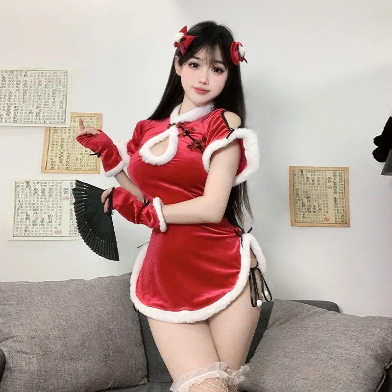 Super Hot Chinese Cheongsam Sexy Christmas Lingerie Red Velvet Texture Oriental Tempting Uniform Party Performance Photoshooting