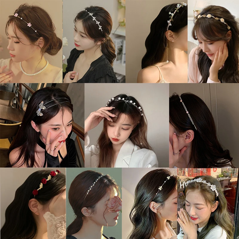 Metal Gold Silver Headband Shiny Rhinestone Flower/Heart/Bow/Butterfly Hairband Hair Hoop Bezel Women Elegant Pearl Hair Bands