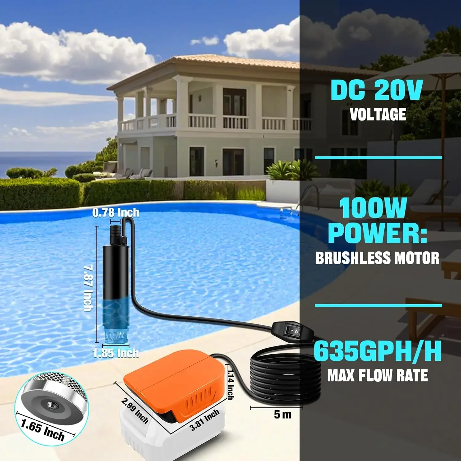 Electric Submersible Water Pump for Dewalt/Makita/Milwaukee 18V 20V Battery 100W Battery Powered Water Transfer Pump for Garden