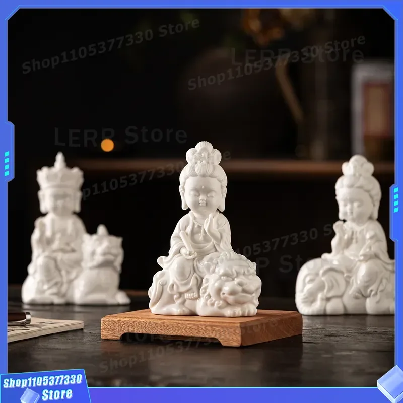 White Porcelain Four Bodhisattvas Statue Guanyin Manjushri Puxian Dizang Buddha Ornament for Home Living Room Desktop