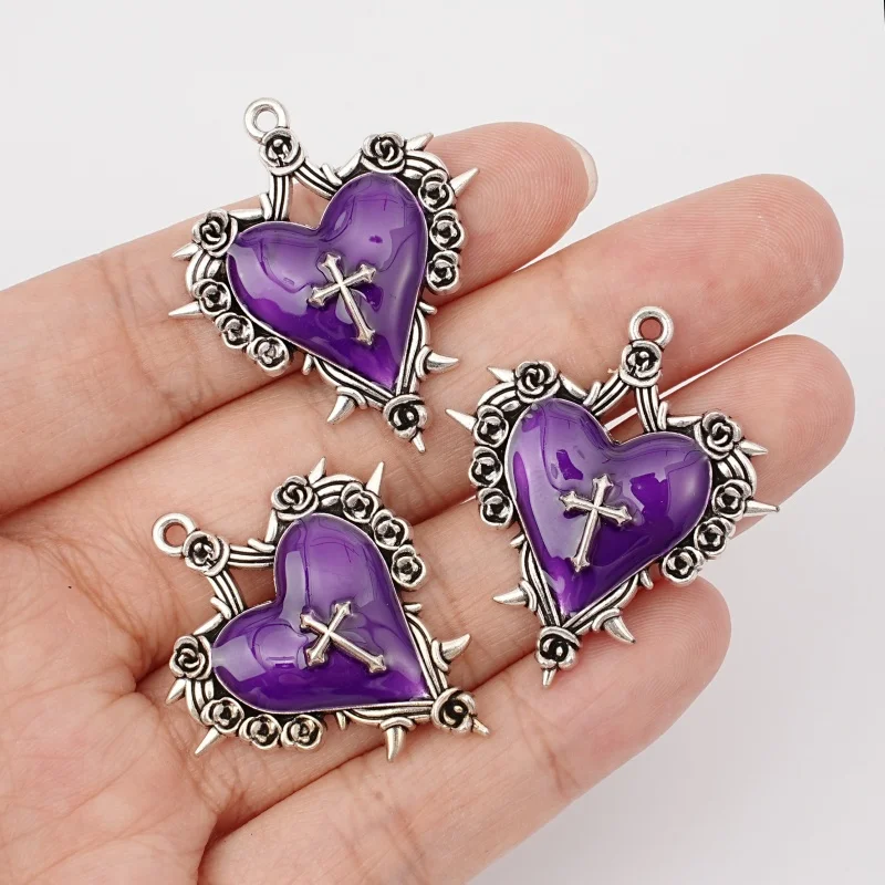 5Pcs Gothic Purple Imitation Enamel Thorn Rose Heart-Shaped Cross Pendant Necklace Earrings Bracelet Jewelry Making Accessories