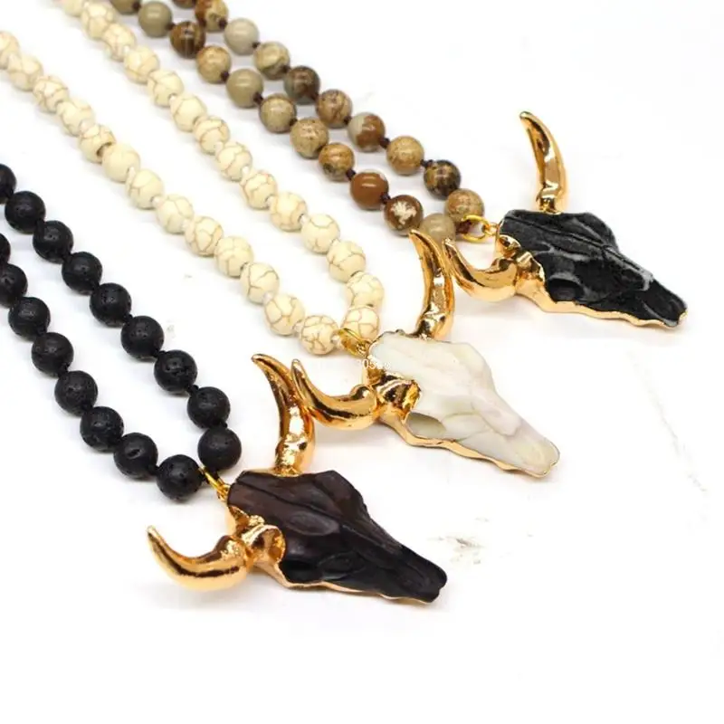 Fashionable Long Necklace Natural Stone Beads Ox Horn Pendant Chain for Women Dropship