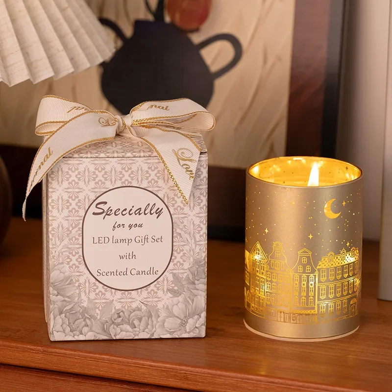 

Flameless Candles Romantic City Patterns Cups Candles Home Decoration Holiday Gifts Bedroom Decor m