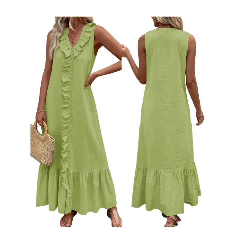 【】 Vestido feminino verão praia algodão regata linho boho sem mangas em camadas babado maxi vestido longo