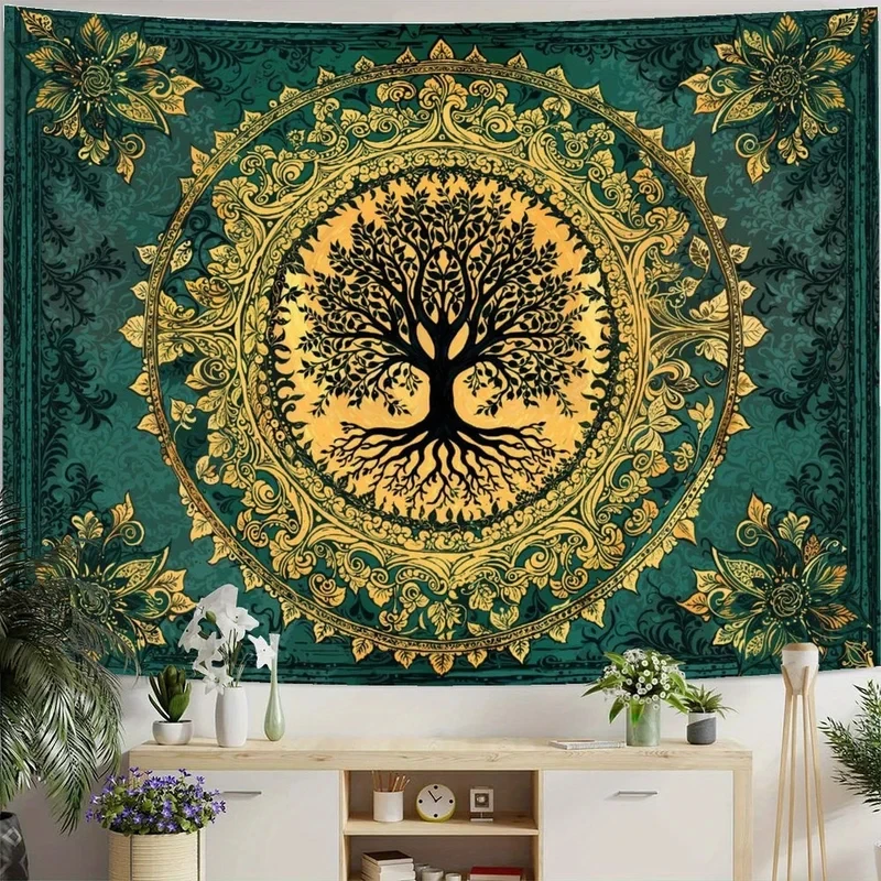 VIKAMA Green Gold Tree of Life Tapestry, Boho Mandala Print Wall Cloth for Bedroom Dorm & Bohemian Room Background Decor