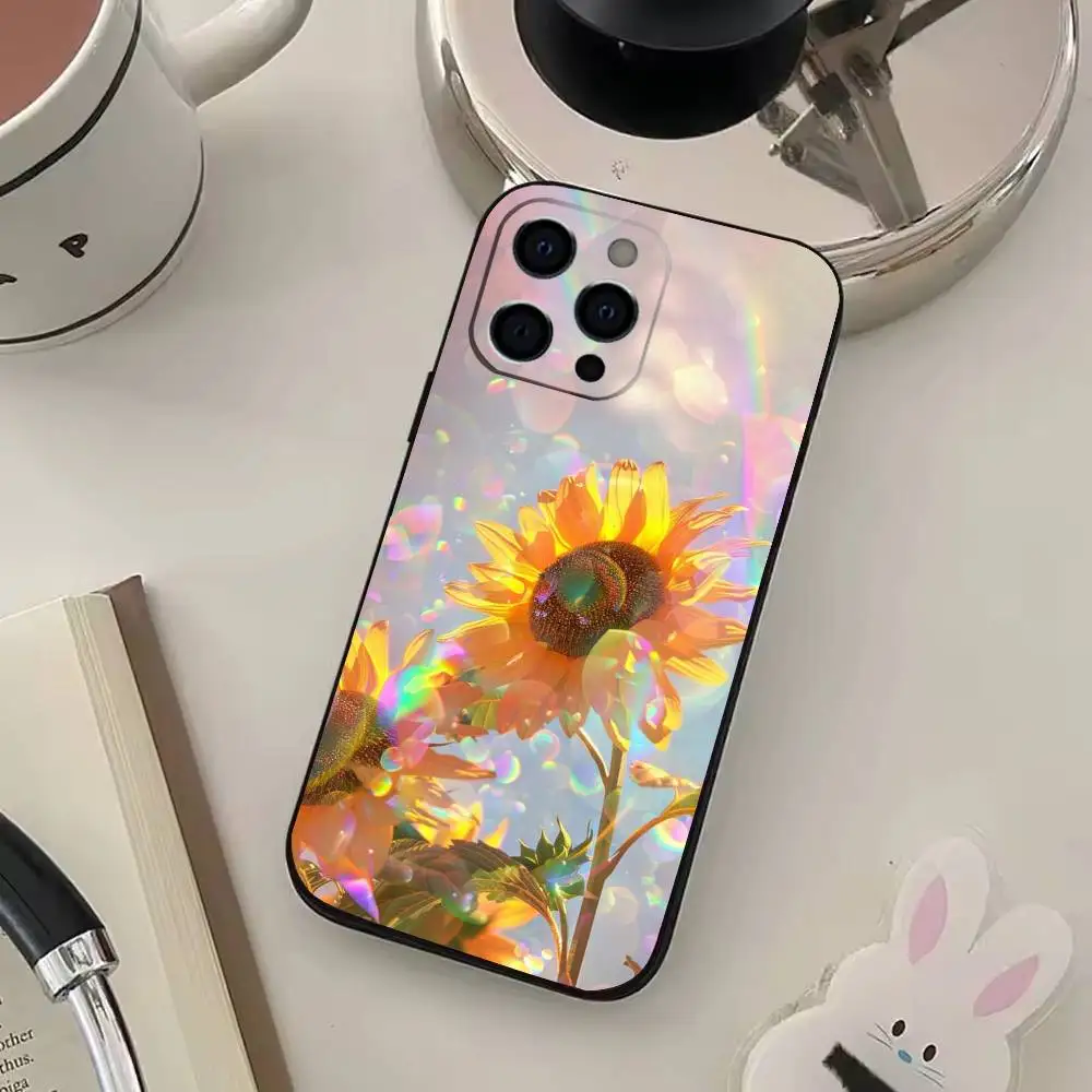 حافظة هاتف مطبوعة على شكل عباد الشمس لهاتف آيفون 17,16,15,14,13,12,11,Plus,Pro,Max,Plus,XS, حافظة ناعمة من السيليكون الأسود