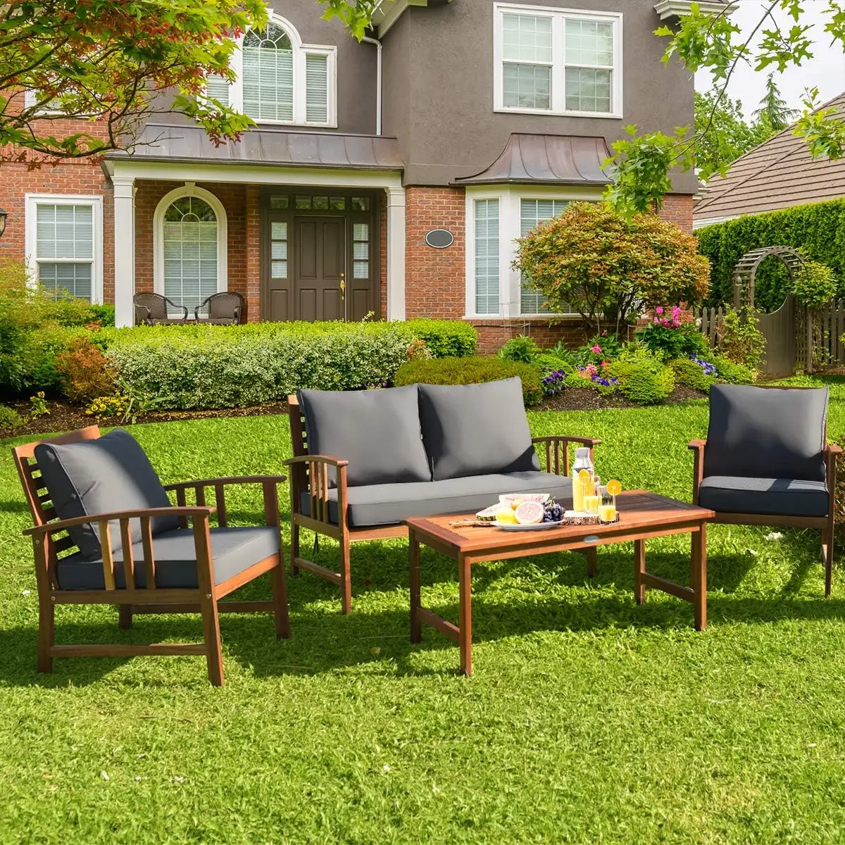 4 PCS Acacia Wood Patio Furniture Set, Outdoor Seating Chat Set with Gray Cushions & Back Pillow