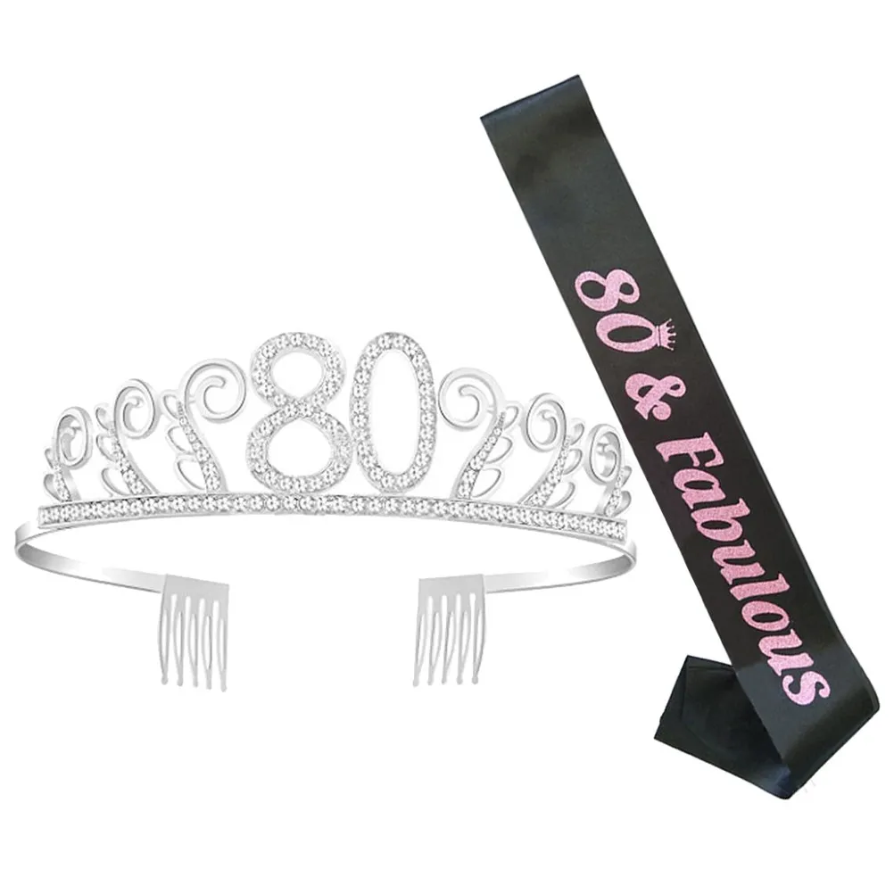 1Set Birthday Crown Rhinestone Tiara Letter Printing Party Sash Hair Comb Crystal Decorative Head Accessory Queen Celebration