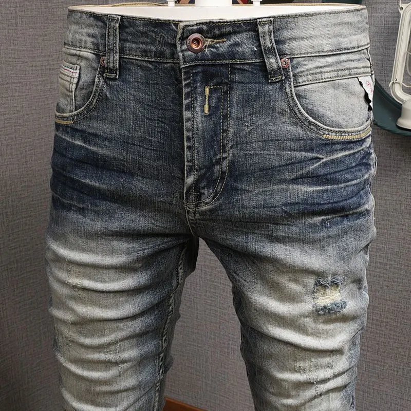 Light Blue Stretch Slim Fit Jeans Men Nostalgic Washed Straight Leg Pants Designer Fashion Y2K Embroidered Detail