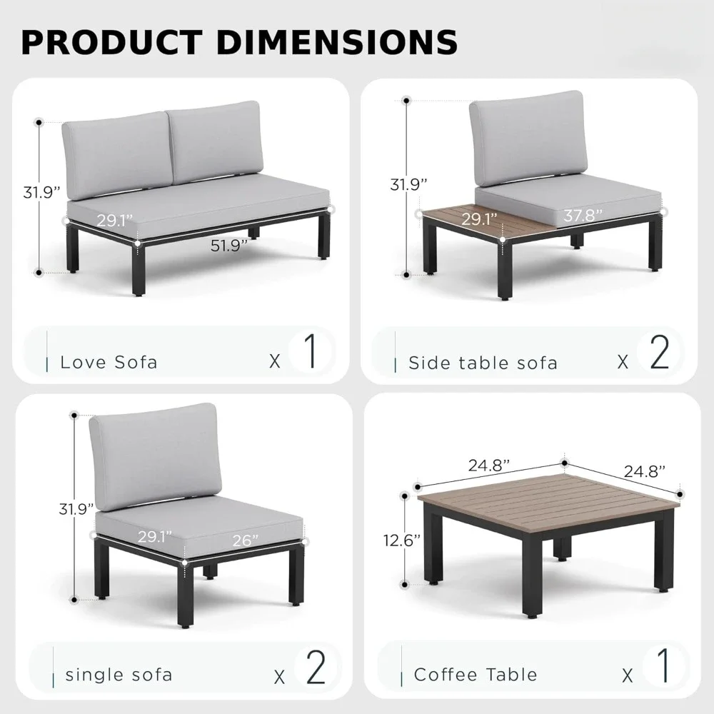 Outdoor Metal Frame Sectional Sofa Conversation Set with Coffee Table,6 Pieces Patio Furniture Set