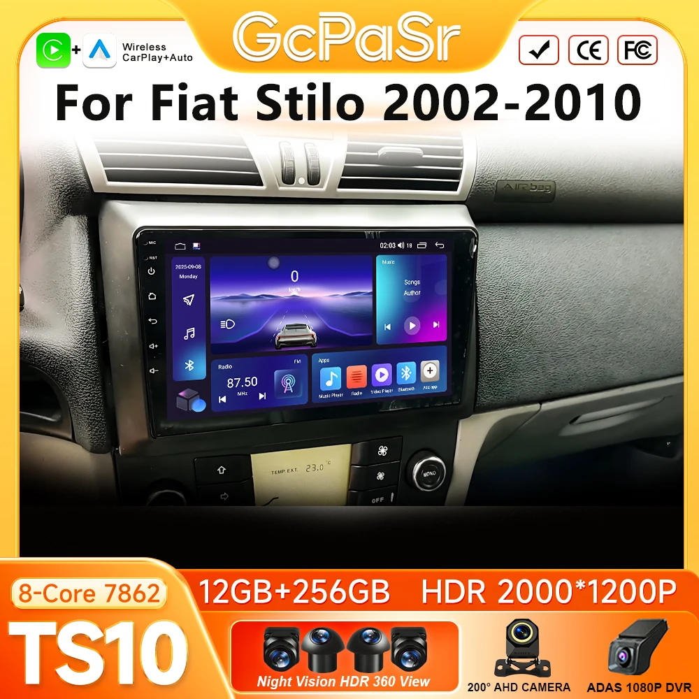 For Fiat Stilo 2002-2010 Car Radio Carplay Navigation GPS Android Auto Android 16 Stereo Autoradio Bluetooth Screen No 2din WiFi
