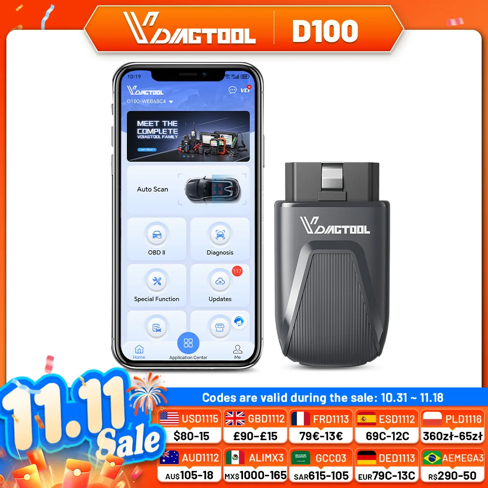 VDIAGTOOL D100 Bluetooth OBD2 Scanner Car Diagnostic Tool Actuation Test 17 Special Functions EPB DPF GPF BMS TPMS IOS Android