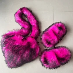 New European and American Crossbody Love Bag Slippers Set Imitation Raccoon Dog Fur Grass Plush Shell Bag Home Shoes