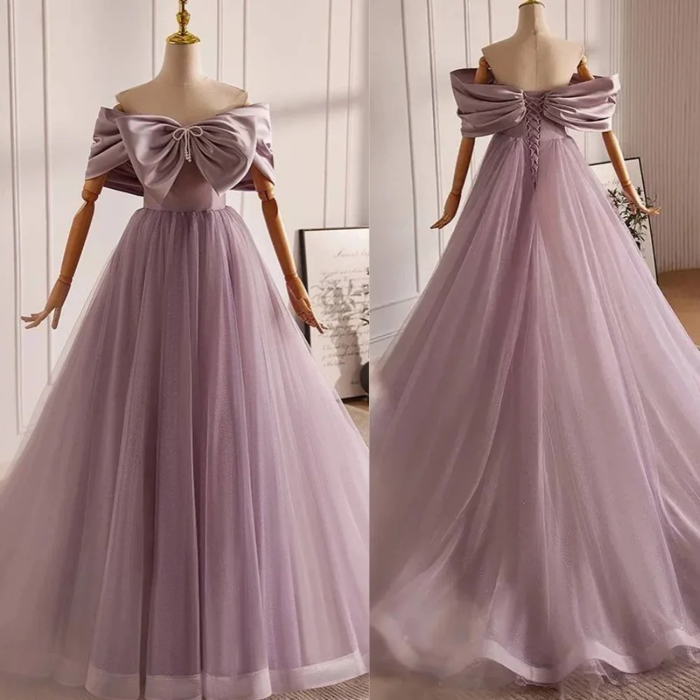 

Organza Bow Homecoming A-line Off-the-shoulder Bespoke Occasion Gown Long Dresses
