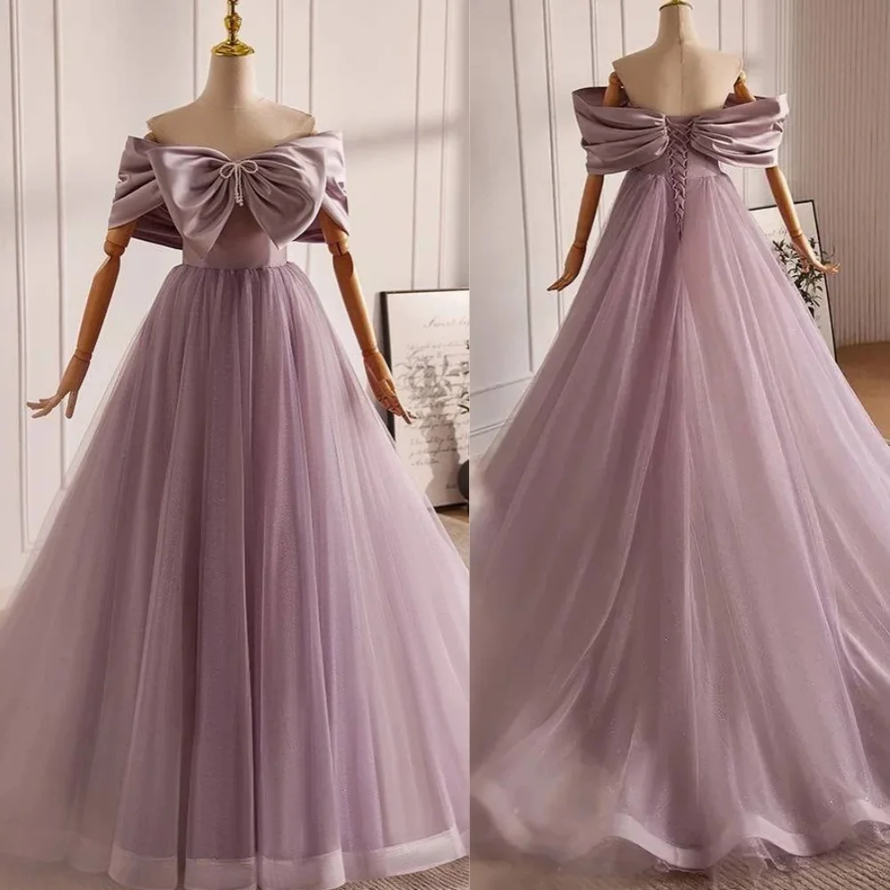 Customized Organza Bow Homecoming A-line Off-the-shoulder Bespoke Occasion Gown Long Dresses