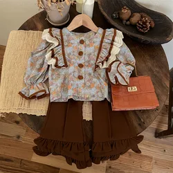 Fashion Kids Clothes Babay Girls Cute Floral Shirt + Bell Bottoms Vintage Suit French Style Toddler Girl 2 Piece Sets Outfits