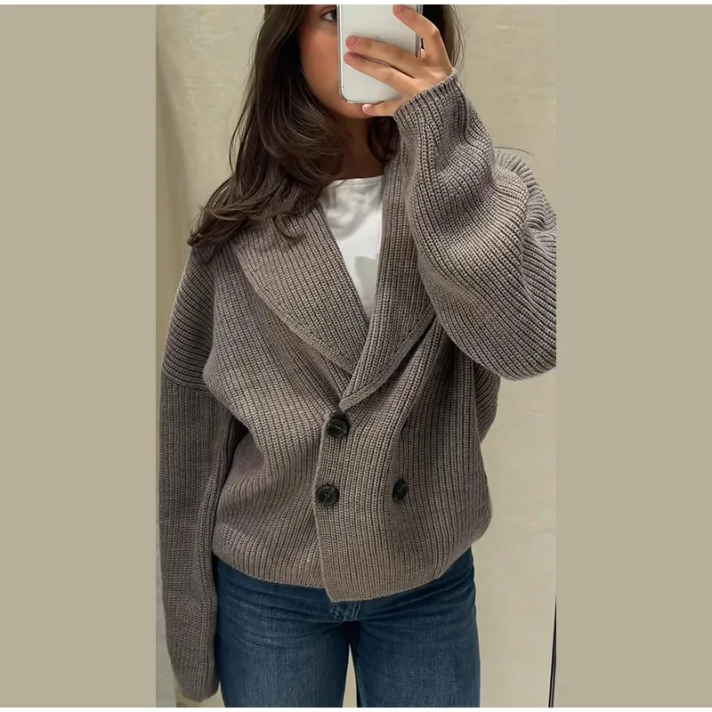 Damen-Strickjacke mit langen Ärmeln, doppelreihig geknöpft, locker geschnitten, im High-Street-Stil, lässige Oberbekleidung, Neu – Detail 1
