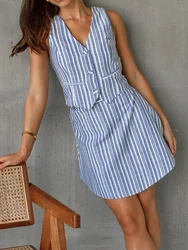 Wolfeel Summer Women's V-neck Sleeveless Short Skirt Suits Striped Fragrant Wind Versatile High Waisted  Office 2 Piece Set