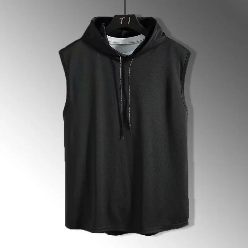 Sleeveless Running Vest Men Shirt with Hat Solid Color Cool Sleeveless Shirt Hooded Sweat Shirt Outdoor Gym Cycling Sports Wear