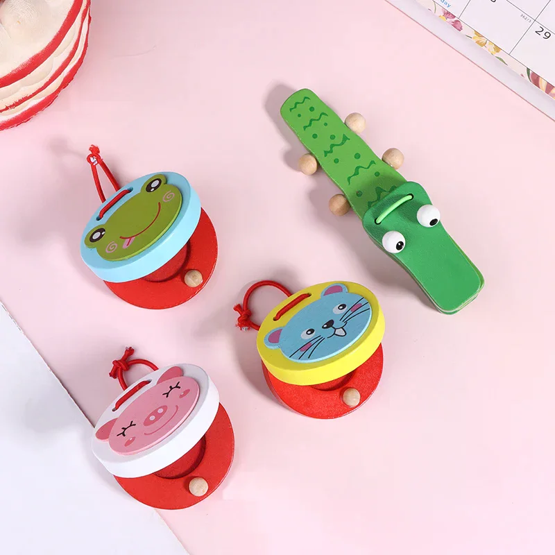Cocodrilo de madera de dibujos animados para niños, castañuelas redondas, instrumentos musicales, mango de claqueta para bebé, instrumentos musicales, juguetes educativos, 1 ud.