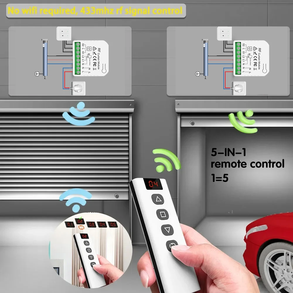 433MHZ RF Wireless Curtain Garage Door Module Remote Control Roller Shutter Switch,for Curtain Garage Door,Smart Blinds