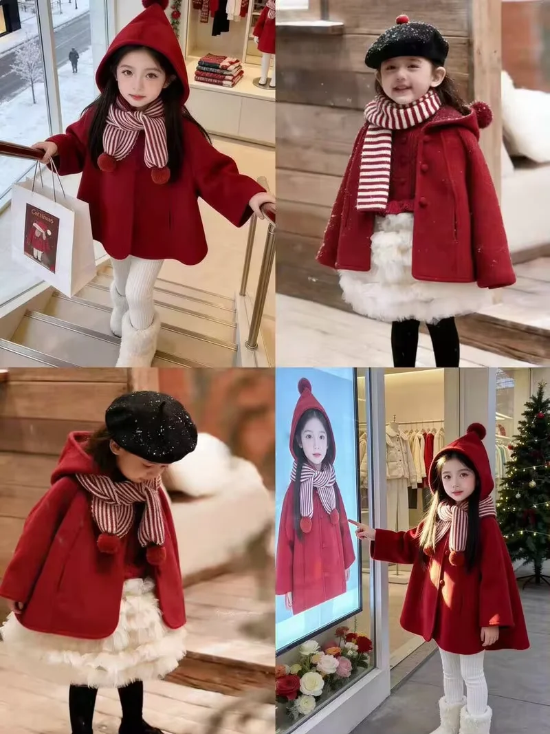 2026 New Girls Red Hooded Wool Coat Autumn Winter Thick Warm Jacket Kids New Year Outerwear 80-140CM