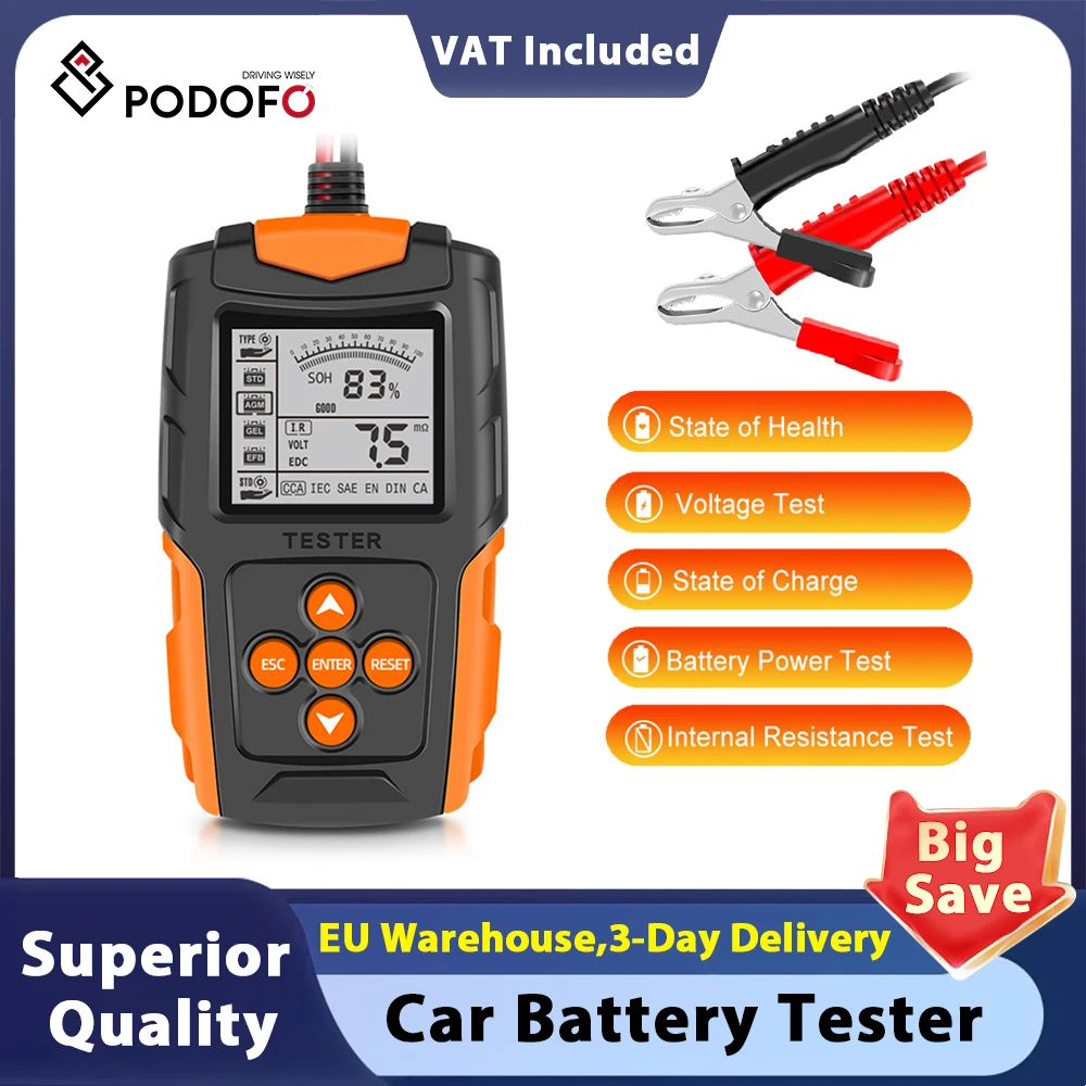 Podofo autó-motorkerékpár akkumulátor teszter lcd analizátor töltő diagnosztikai eszköz gél agm nedves ca sla akkumulátor cca ir soh mérés