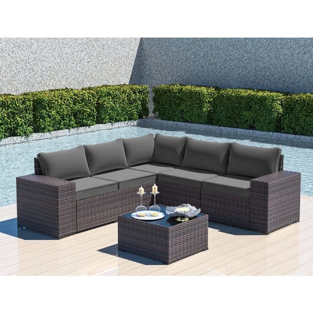 

6 Pieces Outdoor Sectional Furniture High Backrest Patio Sofa, PE Rattan Patio Conversation Set with Coffee Table & Cushions