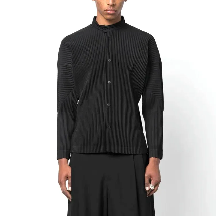 ISSEY Wrinkle Shirt with Drape Effect, V-neck Casual Long-Sleeved Jacket for Men