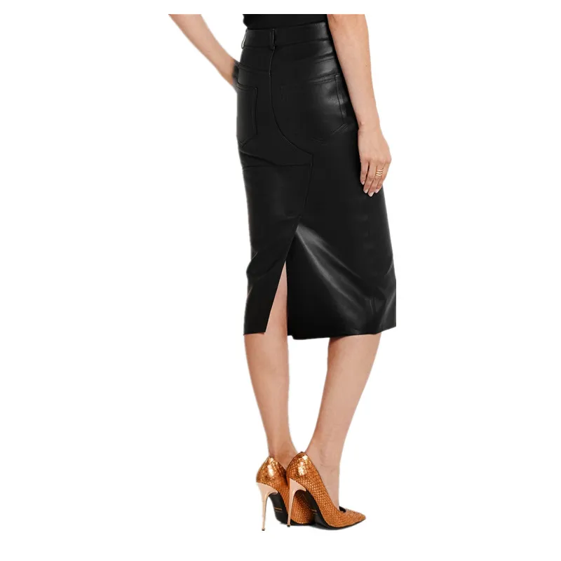 Real Leather Skirt, High Waist, Elastic, Genuine Strecth Sheepskin, Long Slit, Thin, OL, Spring And Autumn