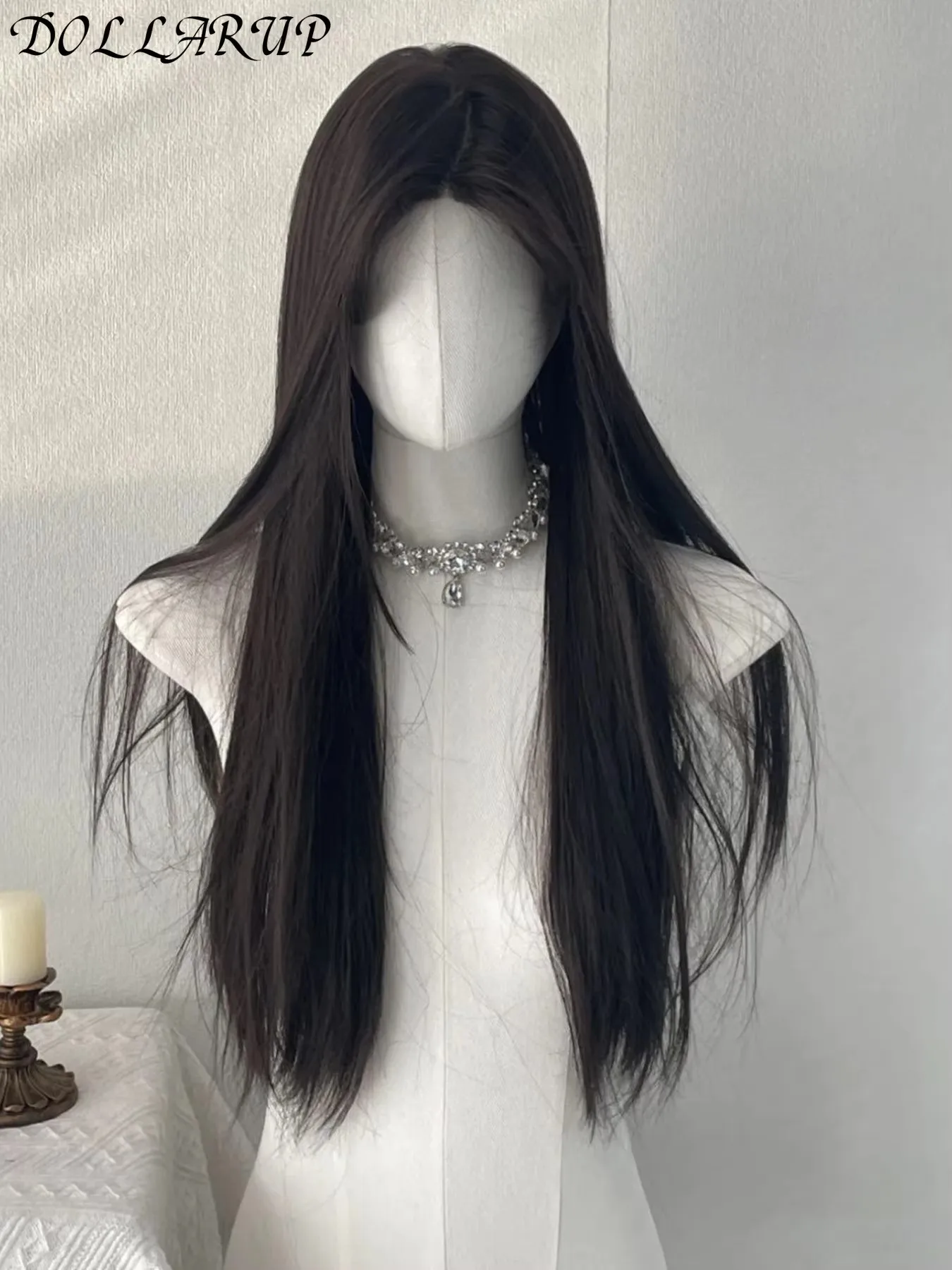 JKL شعر مستعار أسود للنساء شعر طويل مستقيم عقال شعر مستعار أمامي تأثيري مزاجه للاستخدام اليومي لوليتا الأسود بيروكات صناعية #4