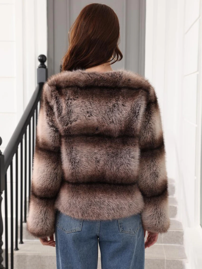 Modischer Kunstpelz-Jackenmantel für Damen, Herbst-Winter, Farbverlauf, gestreifter Pelzmantel, neu in Oberbekleidung, Rundhalsausschnitt, kurze Plüschjacke