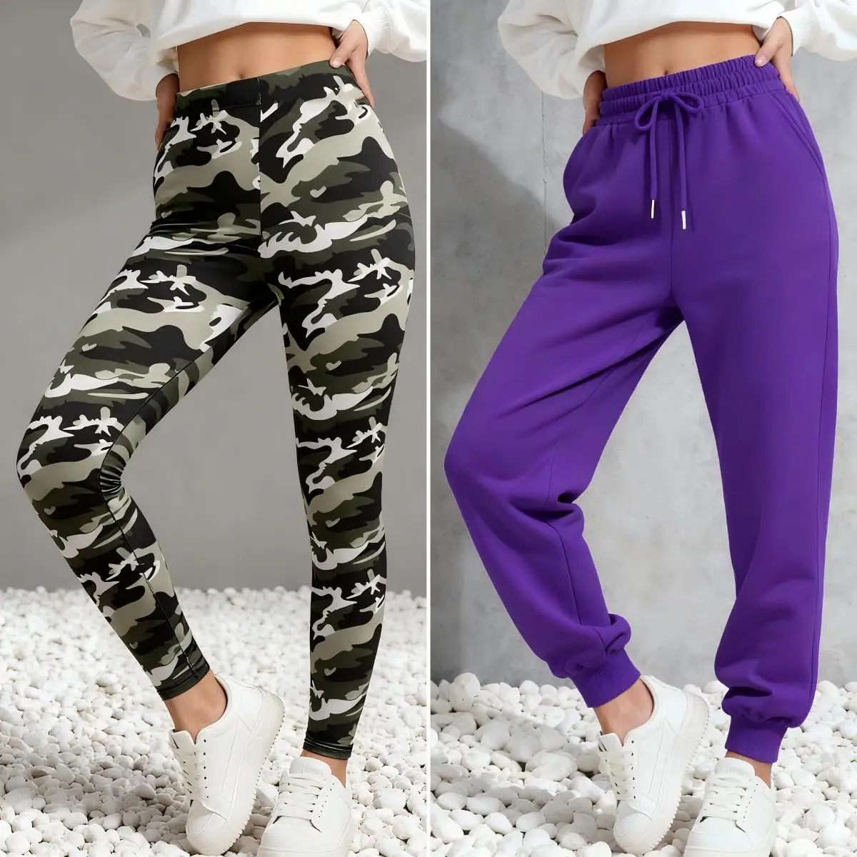Conjuntos de 2 uds. De mallas gruesas de camuflaje para otoño, pantalones de chándal de Color sólido, ropa que combina con todo para mujer, pantalones para correr de lana Y2K para mujer