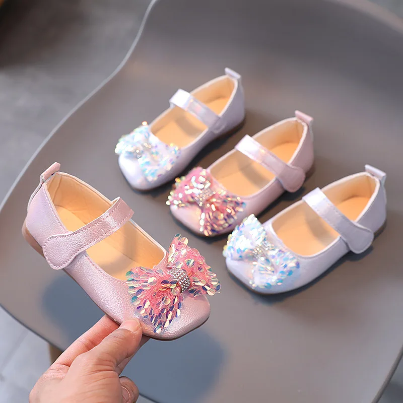 Little Girl's Mary Janes Glitter Bowtie Shallow Kids Flat Spring Autumn Leather Shoes Solid Color Causal Children Non-slip Shoes