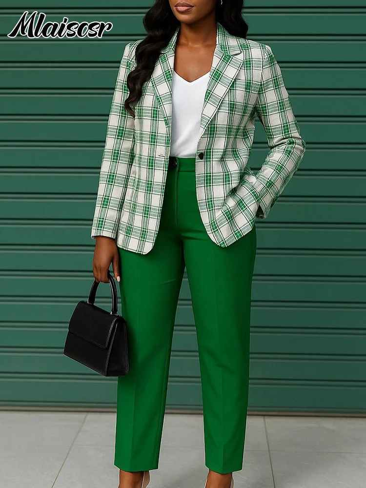 Mlaiscsr Abiti blazer africani per donna Giacca cappotto a maniche lunghe con stampa a griglia Top e pantaloni a gamba dritta Set da 2 pezzi Office Spring