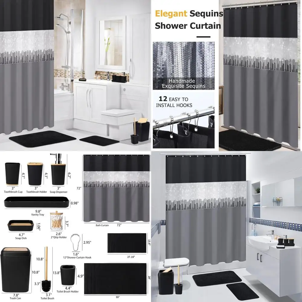 

24-Piece Black Bathroom Set with Shower Curtain, Rugs, and Trash Can Accessories